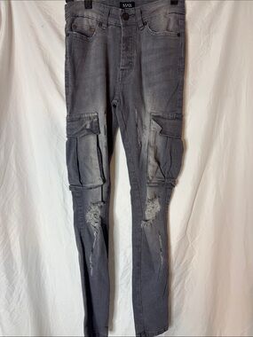 Boohoo Mens Distressed Skinny Cargo Jeans in Gray